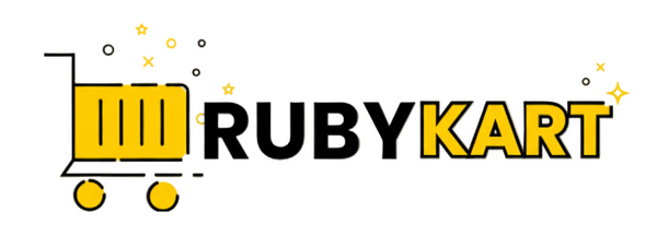 Logo of RubyKart with a shopping cart icon on a beige background